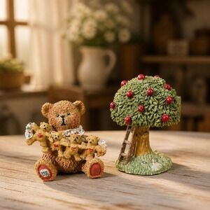 Vintage Resin Teddy Bear Figurine Set with Apple Tree Secret Box